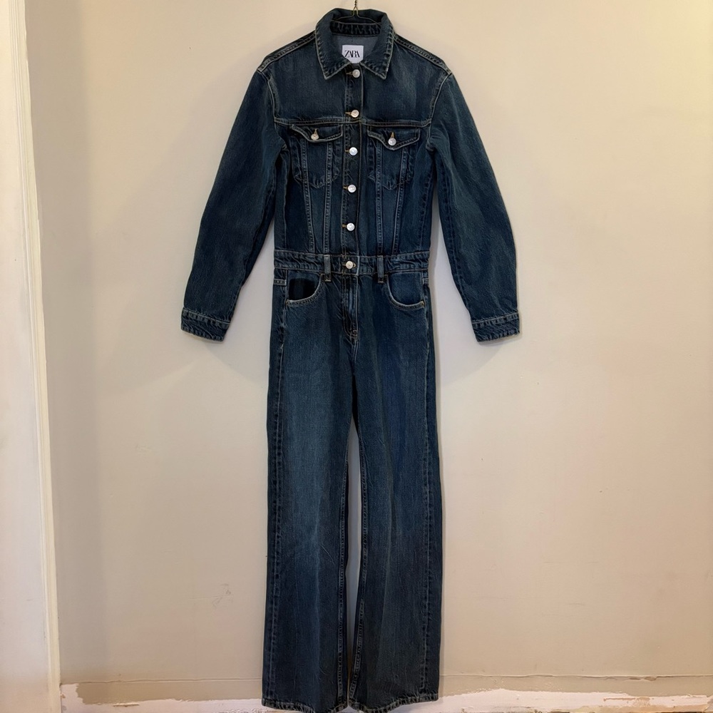 Zara Dark Blue Denim long Romper Women’s Sz XS, may fit S, like new - Picture 2 of 12